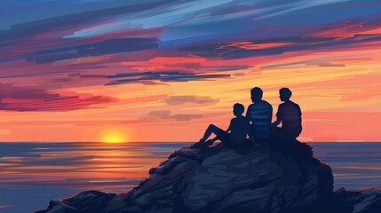 Obraz premium A family of three is on vacation. They are sitting on a rock at sunset, looking out at the ocean. The silhouettes of the father, mother, and son are visible against the sky.