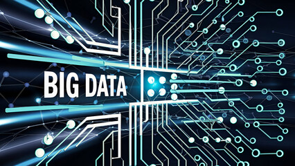 Digital schematic banner with radiant lights and data dots connected in blue and black tones. Embodies the big data technology theme. Generated ai