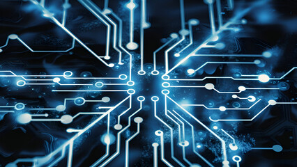 Digital schematic banner with radiant lights and data dots connected in blue and black tones. Embodies the big data technology theme. Generated ai