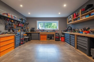 Clean and Functional Garage Organization with Neatly Stored Tools and Bins