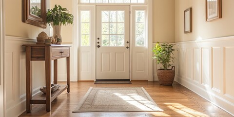Sleek and Inviting Entryway with Minimalist Console Table and Clean Decor, Ideal for Organization and Warm Welcome