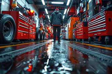 Fototapeta premium A man is standing in a garage with a red car