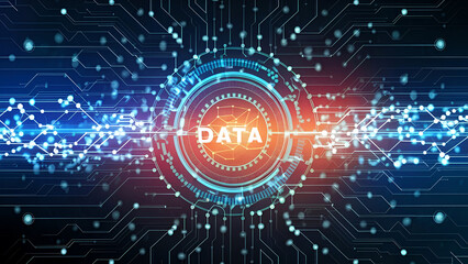 Fototapeta premium Futuristic network circuit board illustration with glowing highlights and linked data nodes in blue and dark hues. Symbolizes big data technological advances. Generated ai