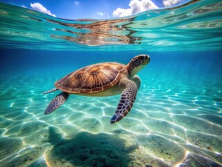 Obraz premium A solitary sea turtle swims slowly through the calm, crystal-clear turquoise water of a tropical ocean, its shell glistening in the warm sunlight.