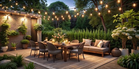 Obraz premium Inviting outdoor dining space with elegant furniture, lush greenery, and string lights, perfect for intimate gatherings or romantic evenings in a serene ambiance.