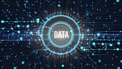 Obraz premium Abstract digital circuitry backdrop featuring luminous elements and interconnected data points in shades of blue and black. Represents the concept of big data technology. Generated ai 
