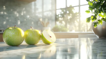 Three Green Apples on a Kitchen Counter