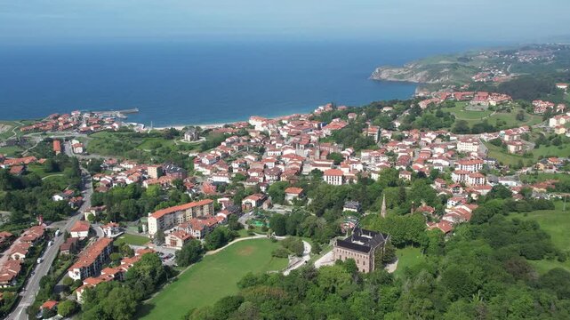 4K aerial drone view of Comillas town in Cantabria, northern Spain. High quality 4k footage