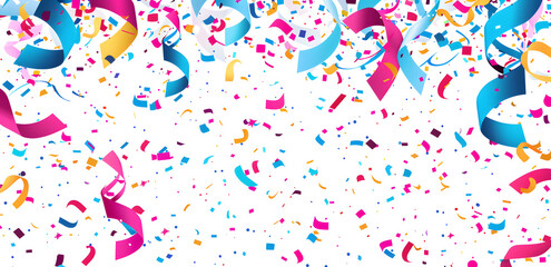 Obraz premium Colorful confetti with ribbons on a white background