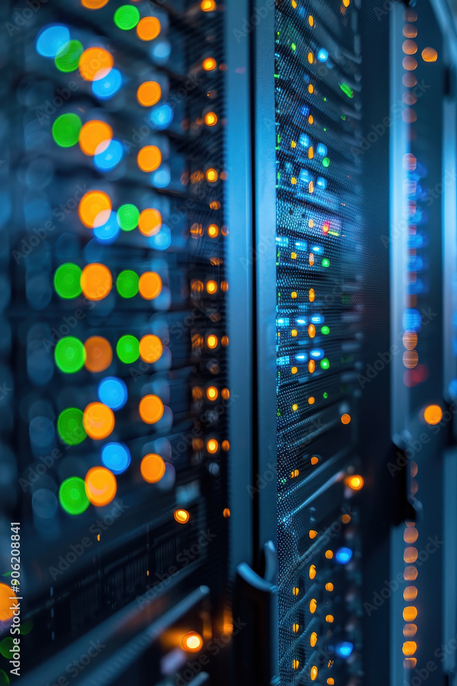 Poster a computer server room with a large cloud symbol on the wall. the room is filled with rows of server