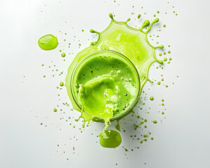 Top View Green healthy smoothie splash isolated on white background
