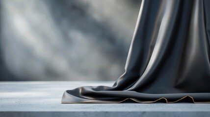Black silk cloth with golden thread in a sunlit studio for product presentation.