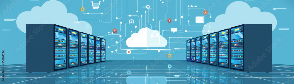 Poster a computer server room with a large cloud symbol on the wall. the room is filled with rows of server