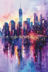 Obraz premium The city skyline glows with colorful lights as the sun sets over the water