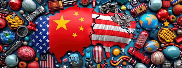 Obraz premium Detailed Illustration of USA vs China Trade War with Flags Prominent in a Digital Marketplace Filled with Trade Items