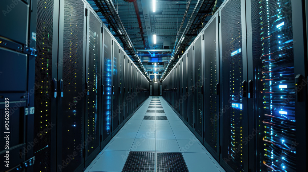 Poster a computer server room with a large cloud symbol on the wall. the room is filled with rows of server