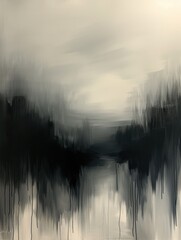 Fototapeta premium Abstract black and white painting with flowing lines and blurred edges, creating a reflective and moody atmosphere.