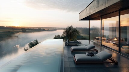 Fototapeta premium A modern terrace lounge with a stylish infinity pool, minimalist loungers, and a stunning view of a peaceful river at sunrise, with the morning mist rising from the water.