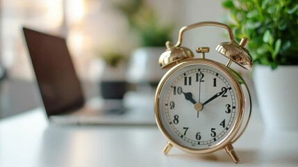 close-up of a classic alarm clock on a white office desk - symbol of time management