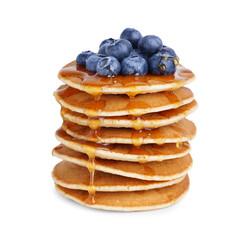 Tasty pancakes with blueberries isolated on white background