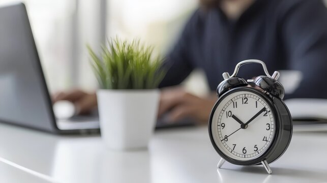 close-up of a classic alarm clock on a white office desk - symbol of time management