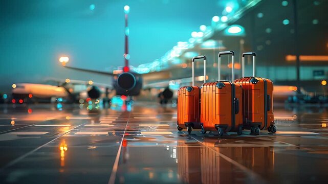 A suitcase awaits at the airport gate, ready for an exciting journey.  The airplane stands in the background, illuminated by the bright lights of the terminal.