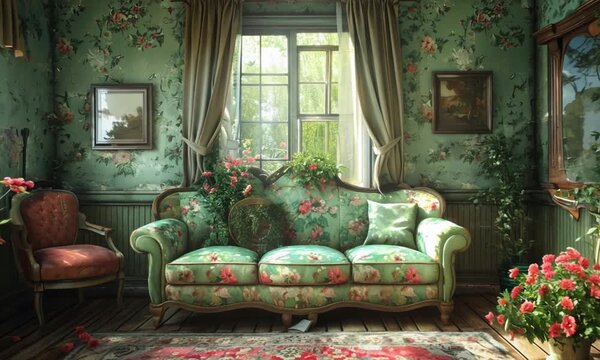 The Victorian wallpaper features ornate, antique designs with intricate typography, creating a unique blend of art and history within the room, reminiscent of an old west parlor