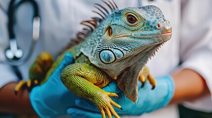 Fototapeta premium Veterinarian examining a green iguana with blue scales.