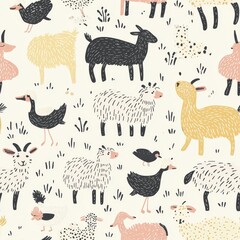Obraz premium A pastel-toned vector pattern featuring a variety of popular animals like foxes