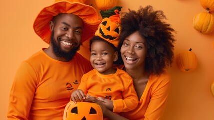 Fototapeta premium A joyful family wears orange outfits while celebrating Halloween with pumpkins and decorations in a cozy setting