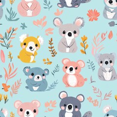 A charming pattern of cute Australian animals such as koalas, kangaroos, and wombats, illustrated in pastel colors, ideal for creating playful and unique designs