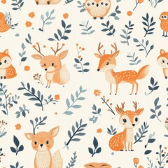 A whimsical pattern of cute woodland creatures like deer, foxes, and owls, depicted in soft pastel tones, creating a charming and nature-inspired design for various products