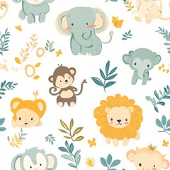 Obraz premium A vector illustration of cute jungle animals like lions, monkeys, and elephants, depicted in soft pastel tones, forming a playful and engaging pattern suitable for nursery designs