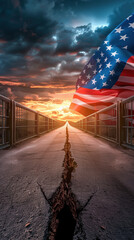 Creative scene of USA flags on opposite sides of a collapsing bridge representing broken trade relations
