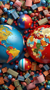 Illustration of US-China Trade Conflict Featuring Flags and a Divided World Map with Trade Routes