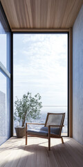 Minimalist luxury interiors with minimal furniture, beige wall panels and a large window. Luxurious residential Real Estate composition.