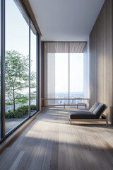 Fototapeta premium Minimalist luxury interiors with minimal furniture, beige wall panels and a large window. Luxurious residential Real Estate composition.