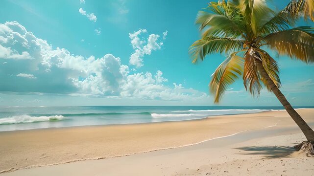 Beautiful tropical beach with white sand, palm trees, turquoise ocean against blue sky with clouds on sunny summer day. Perfect landscape background for relaxing vacation