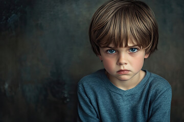 Young boy sad upset, clean background model person looking forward feeling bad, disappointed child, sadness expression, generated ai