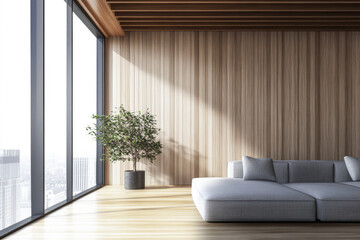 Minimalist luxury interiors with minimal furniture, beige wall panels and a large window. Luxurious residential Real Estate composition.