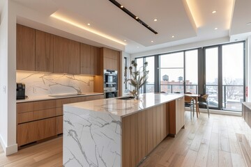 Spacious Modern Kitchen in Montreal Apartment with White Marble Island, Light Wood Cabinets, and Open Concept Layout, Enhanced by Natural Lighting and Ultra-Realistic Detail.