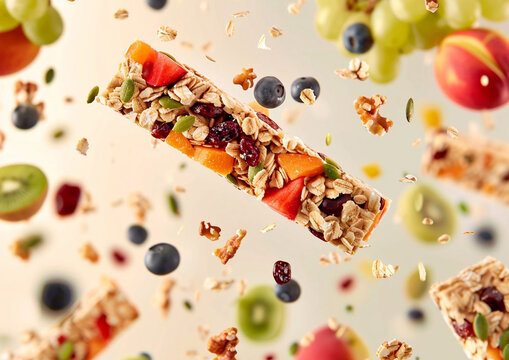 Healthy homemade cereal granola muesli bar with fruit and berries.Macro.AI Generative.