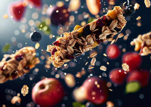 Healthy homemade cereal granola muesli bar with fruit and berries.Macro.AI Generative.