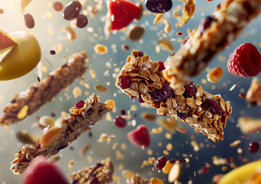 Healthy homemade cereal granola muesli bar with fruit and berries.Macro.AI Generative.