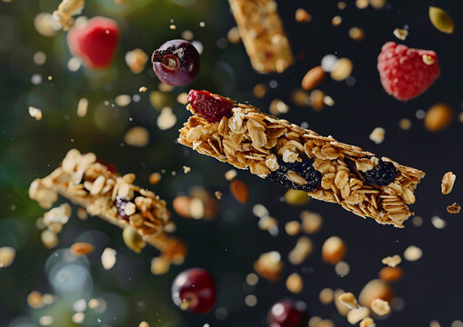 Healthy homemade cereal granola muesli bar with fruit and berries.Macro.AI Generative.