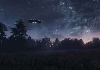 UFO round space ship with lights spotted on dark night skies.Wide view.AI Generative.
