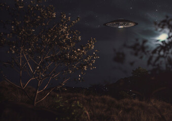 UFO round space ship with lights spotted on dark night skies.Wide view.AI Generative.
