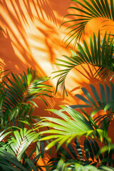 A wall with a red background and a few green plants in front of it. The plants are in shadow, creating a sense of depth and contrast