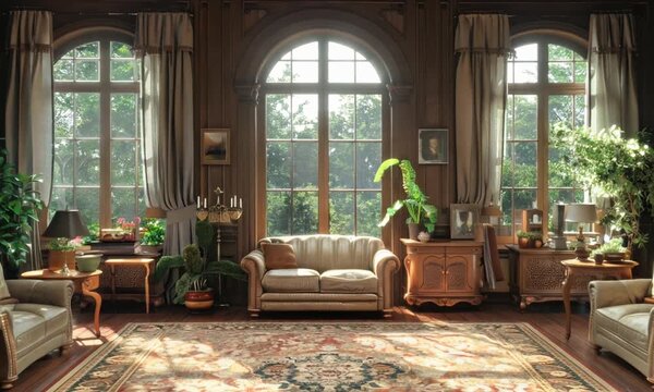 The Victorian wallpaper features ornate, antique designs with intricate typography, creating a unique blend of art and history within the room, reminiscent of an old west parlor