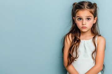 Fototapeta premium Confused expression model shoot, child looking puzzled wide eyed raised eyebrows expressive photoshoot, clean background, generated ai